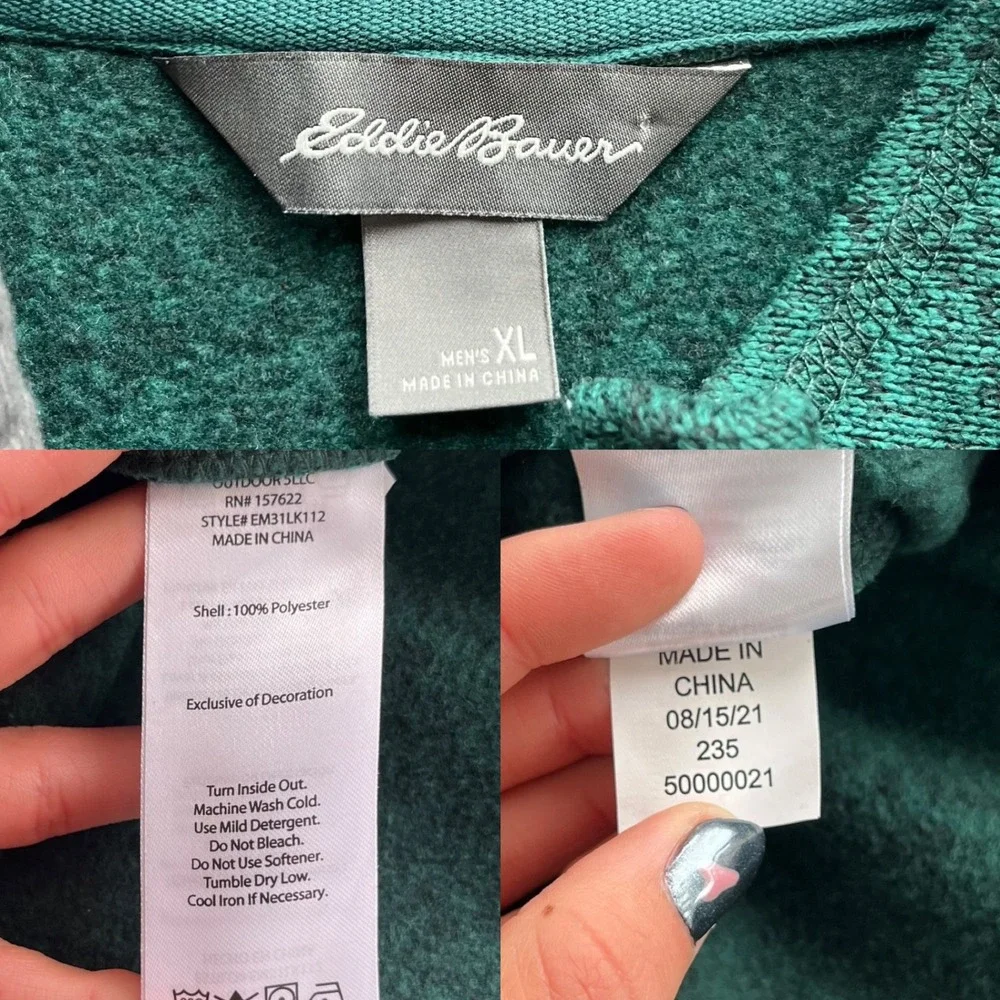 Eddie Bauer Men's XL Green Heathered 1/4 Zip Pullover Fleece Jacket Sweater Cozy